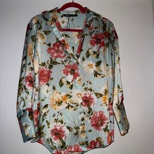 Zara Floral Blouse - Red, Pink, Yellow, Green on Light Blue